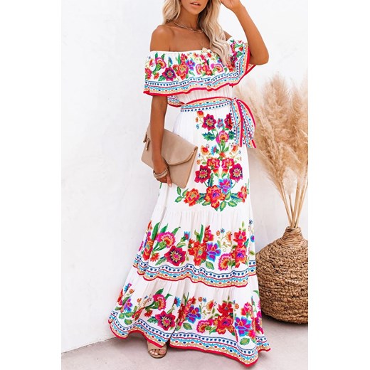 Sukienka IVET w kwiaty z dekoltem typu hiszpanka z krótkimi rękawami 