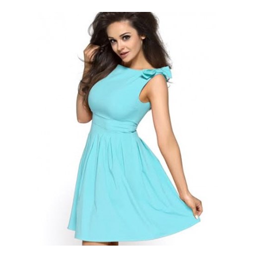 Letnia niebieska sukienka z kokardami KM112-3 na wesele kartes-moda turkusowy elastan