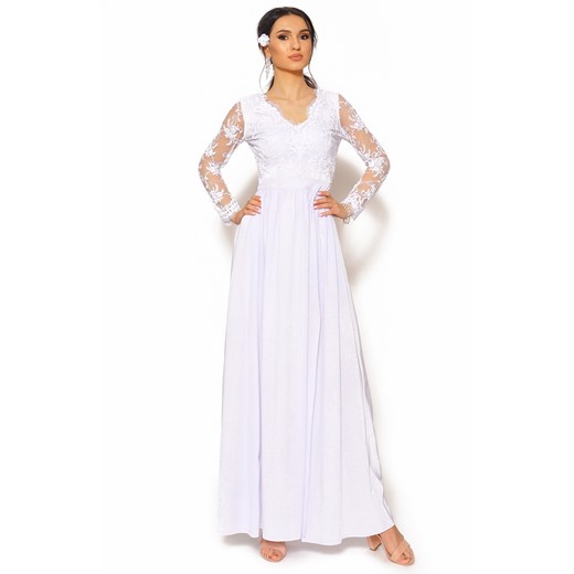 Niedroga suknia biała z długim koronkowym rękawem  Model: KM-6173 Sukienkimm 38(M) M&M Studio Mody