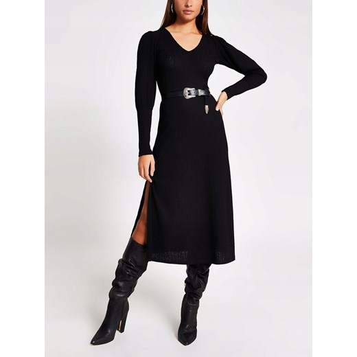 RIVER ISLAND PRĄŻKOWANA CZARNA SUKIENKA MIDI 32 32 River Island 32 wyprzedaż OFF&OFF