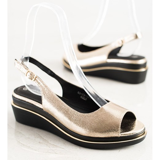 Good-In sandały damskie złote z klamrą skórzane 