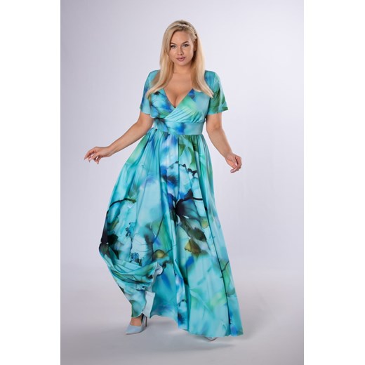 Sukienka Ptak Moda elegancka z dekoltem w serek maxi z krótkimi rękawami 