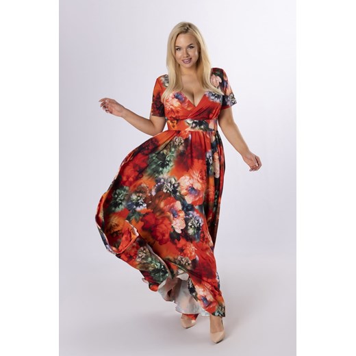 Sukienka Ptak Moda z krótkimi rękawami z dekoltem w serek elegancka maxi 