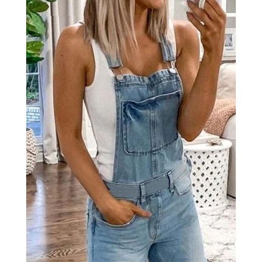 Długa nogawka wąska bez rękawów dekolt prosty casual kieszenie jeans ogrodniczki niebieski kombinezon Kendallme 3XL Kendallme