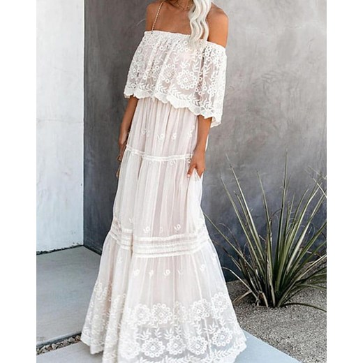 Sukienka biała Kendallme z dekoltem typu hiszpanka maxi 