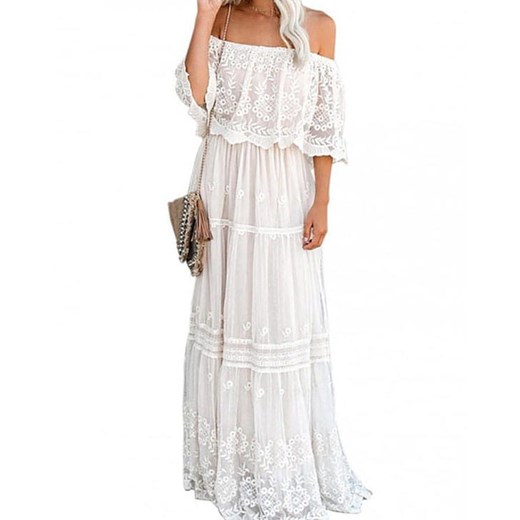 Sukienka Kendallme z dekoltem typu hiszpanka biała z długim rękawem z szyfonu 