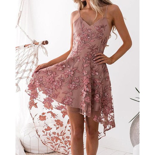 Sukienka Kendallme na ramiączkach z dekoltem w literę v różowa mini asymetryczna na wesele 