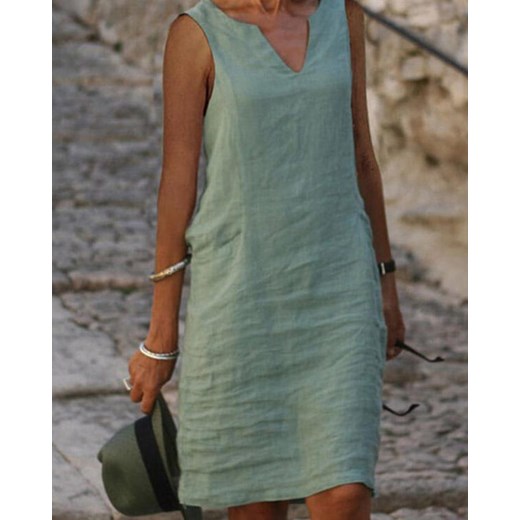 Bez rękawów dekolt V mini przed kolano na co dzień casual lato na plażę len Runya zielony sukienka Kendallme S Kendallme