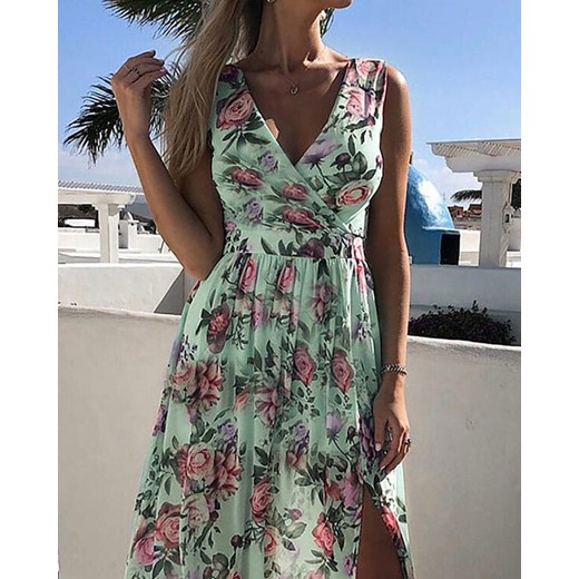 Długa do ziemi maxi dekolt V odkryte ramiona luźna wzór kwiaty rozcięcie lato casual na plażę suknia zielony sukienka Kendallme M Kendallme