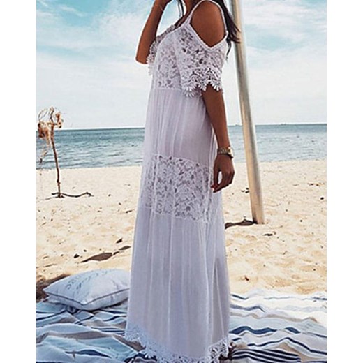 Maxi do ziemi długa bez rękawów dekolt prosty jednolita koronka bez wzoru na plażę luźna lato suknia biały sukienka Kendallme UNIWERSALNY Kendallme