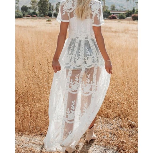Sukienka Kendallme biała z dekoltem v maxi koronkowa na wiosnę z krótkim rękawem 