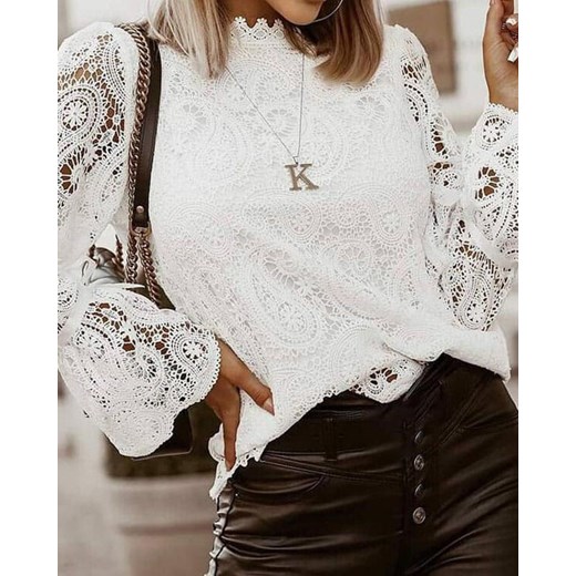 Długi rękaw dekolt prosty koronka luźna impreza elegancka na co dzień top Sainty biały bluzka Kendallme M Kendallme