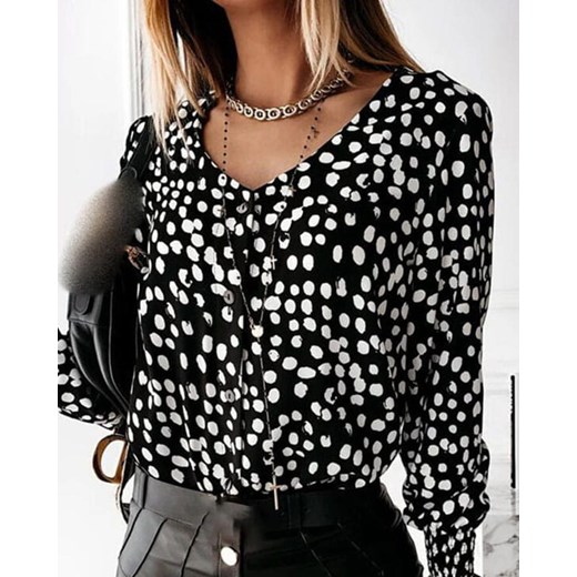 Długi rękaw dekolt V luźna cętki wzór elegancka na co dzień casual koszula top czarny bluzka Kendallme S Kendallme