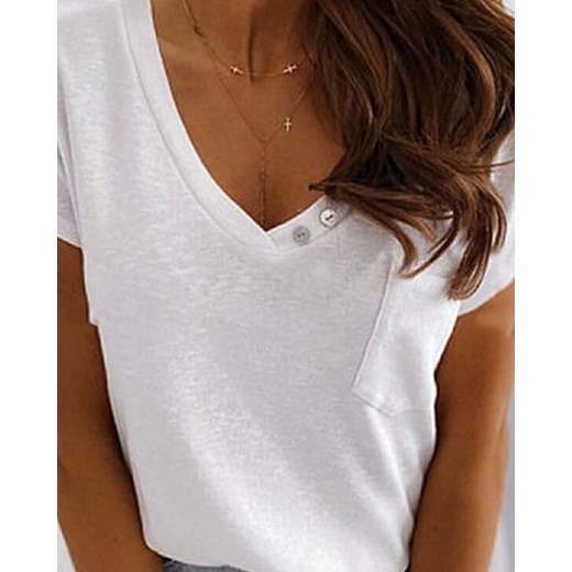 Krótki rękaw dekolt V kieszeń casual kobieca tshirt luźna koszulka top biały bluzka Kendallme 3XL Kendallme