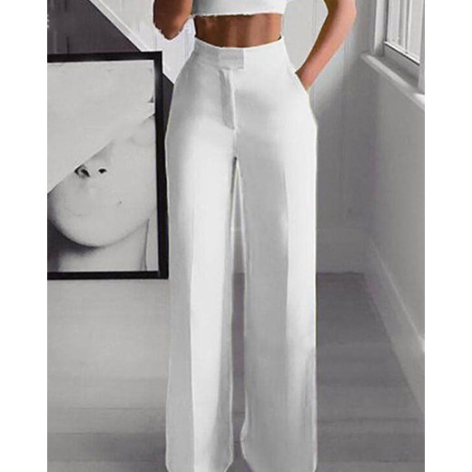 Długa nogawka dzwony szerokie luźne jednolite wysoki stan bez wzoru pas eleganckie casual biały spodnie Kendallme S Kendallme