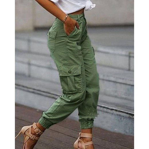 Długa nogawka luźne dresowe wysoki stan wzór moro ściągacz kieszenie casual zielony spodnie Kendallme XL Kendallme
