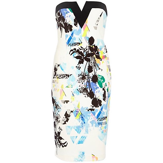 White abstract floral print bandeau dress river-island mietowy kwiatowy