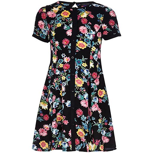 Girls black floral fit and flare dress river-island czarny fit