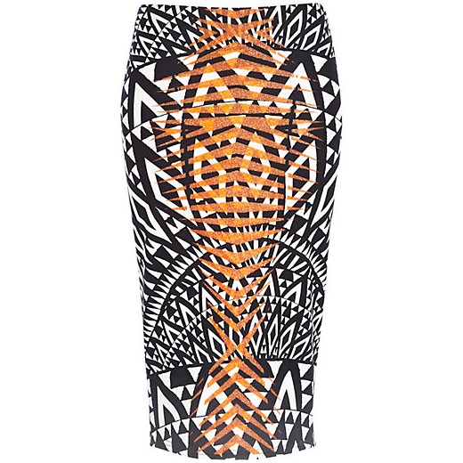 Black geometric puff print tube skirt river-island pomaranczowy nadruki