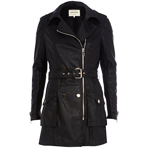 Black leather-look biker trench coat river-island czarny płaszcz