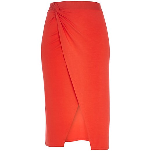 Red knotted split front pencil skirt river-island pomaranczowy spódnica