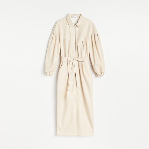 Reserved - Sukienka midi z bufiastymi rękawami - Beżowy Reserved 34 okazja Reserved