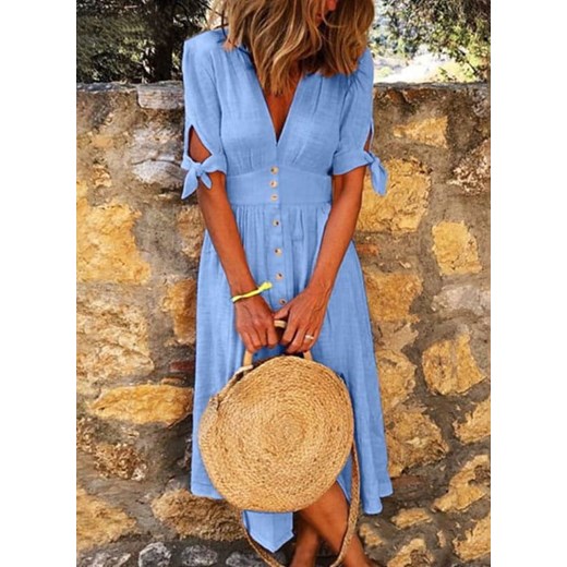 Solidna sukienka z dekoltem w szpic i pół rękawami niebieski (S) Sandbella 3XL sandbella