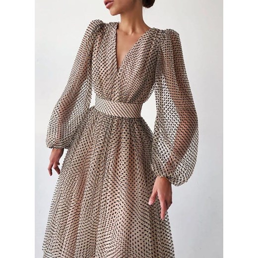 Sukienka wielokolorowa Sandbella trapezowa z dekoltem w literę v na urodziny z długim rękawem 