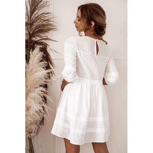 Sukienka Shopaholics Dream z okrągłym dekoltem z haftem bawełniana z długim rękawem biała mini 