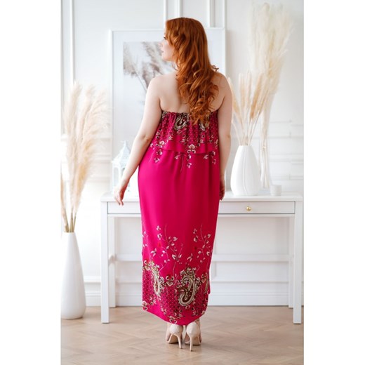 Sukienka różowa z dekoltem typu hiszpanka z długimi rękawami 