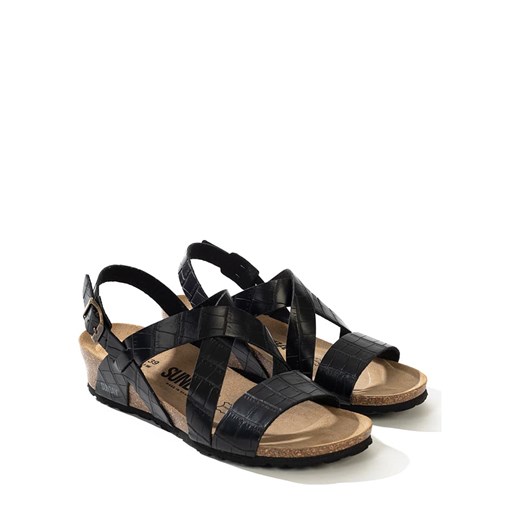 Sandały damskie Sunbay czarne na koturnie letnie casual z klamrą skórzane 