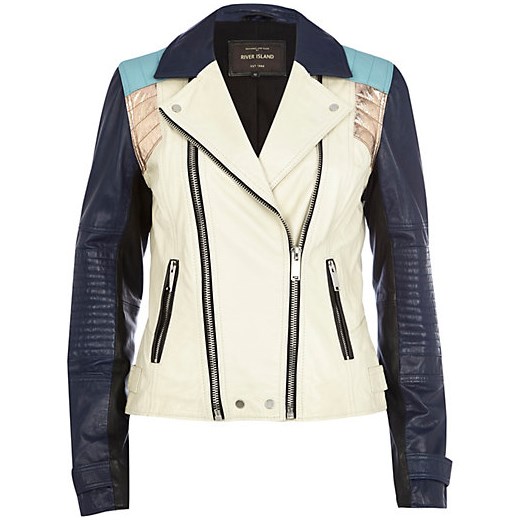 White colour block leather biker jacket river-island bezowy kurtki