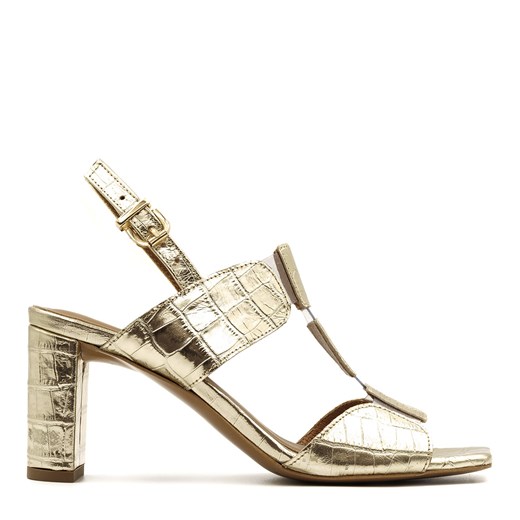 Złote skórzane sandały na słupku w krokodyli wzór 119A Neścior 41 promocyjna cena NESCIOR