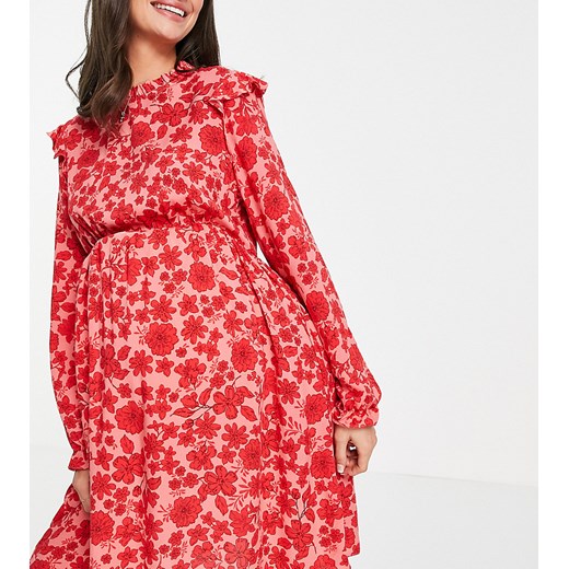 New Look Maternity – Czerwona sukienka mini z falbanką i kwiatowym nadrukiem-Czerwony 44 Asos Poland