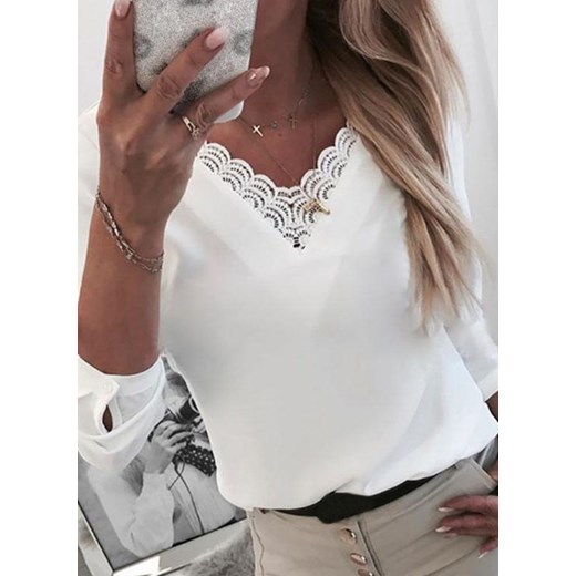 Długi rękaw dekolt V luźna boho koronka basic na co dzień lato casual cienka Leta biały bluzka Cikelly (S) Cikelly 2XL Cikelly