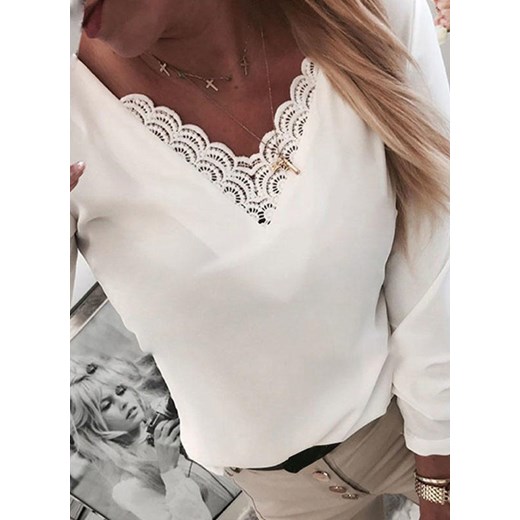 Długi rękaw dekolt V luźna boho koronka basic na co dzień lato casual cienka Leta biały bluzka Cikelly (S) Cikelly S Cikelly