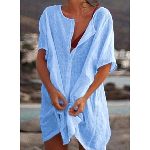 Krótki rękaw mini przed kolano boho plaża jednolita tunika sukienka narzutka na niebieski strój kąpielowy Cikelly (S) Cikelly 2XL Cikelly