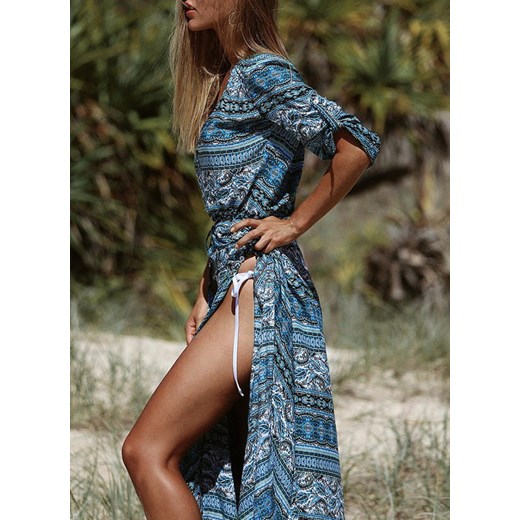 Maxi do ziemi długa dekolt V 3/4 rękaw wzór etniczny boho rozcięcie noga na plażę lato suknia niebieski sukienka Cikelly (S) Cikelly 2XL Cikelly