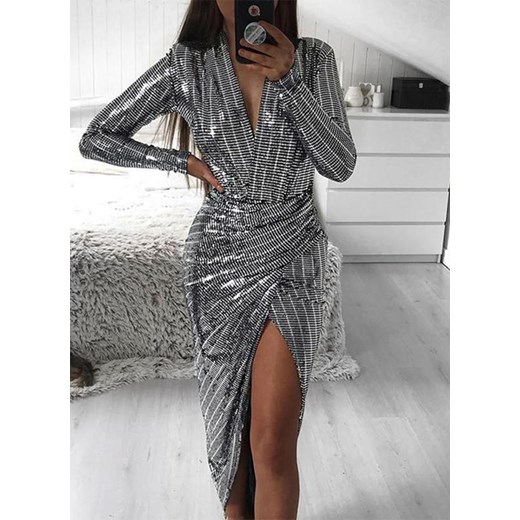 Długi rękaw dekolt V długa do ziemi maxi rozcięcie noga cekiny wesele sylwester impreza Glossy srebrny sukienka Cikelly (S) Cikelly XL Cikelly