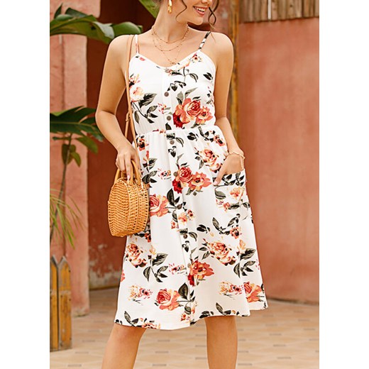 Mini do kolan A wzór kwiaty dekolt bardotka retro kieszenie ramiączka luźna lato na plażę suknia biały sukienka Cikelly (S) Cikelly M Cikelly