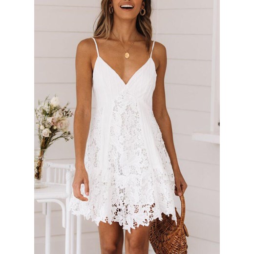 Mini przed kolano dekolt V ramiączka koronka boho luźna casual lato suknia biały sukienka Cikelly (S) Cikelly XL Cikelly
