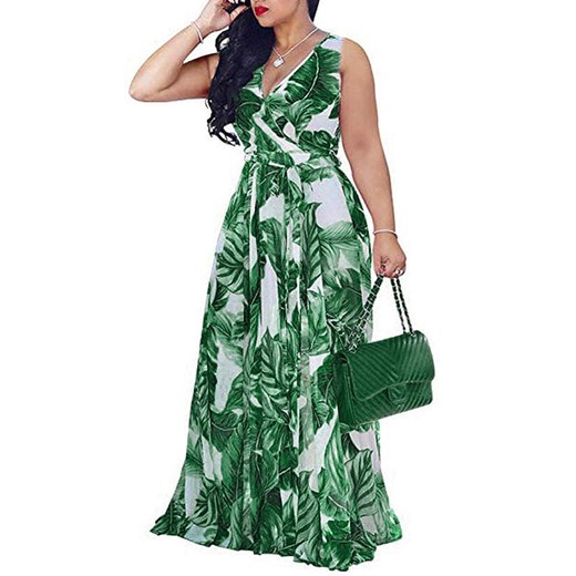 Długa do ziemi maxi wzór liść dekolt V głęboki ramiączka wiązanie kokarda lejąca lato suknia zielony sukienka Cikelly (S) Cikelly S Cikelly