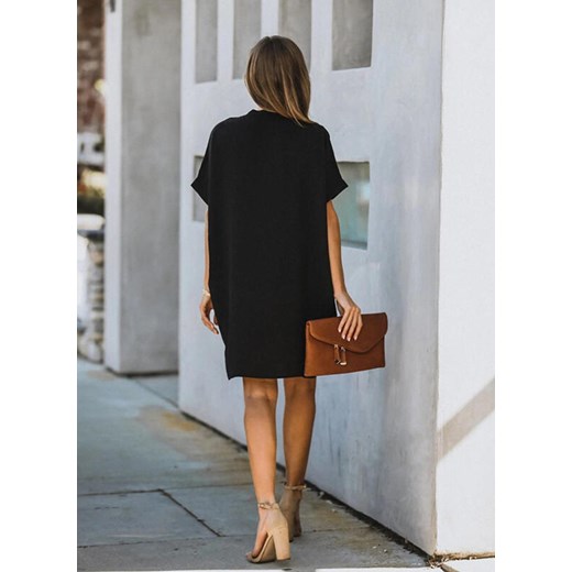 Mini przed kolano krótka dekolt V jednolita krótki rękaw luźna prosta lato elegancka czarny sukienka Cikelly (S) Cikelly S Cikelly