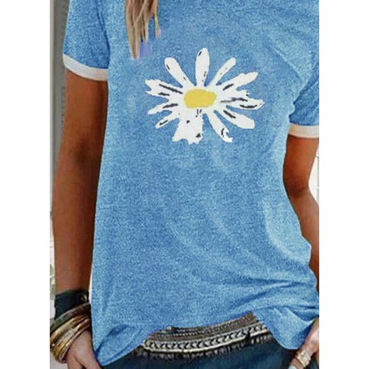 Krótki rękaw dekolt prosty casual grafika kwiaty tshirt koszulka na co dzień top niebieski bluzka Cikelly (S) Cikelly L Cikelly