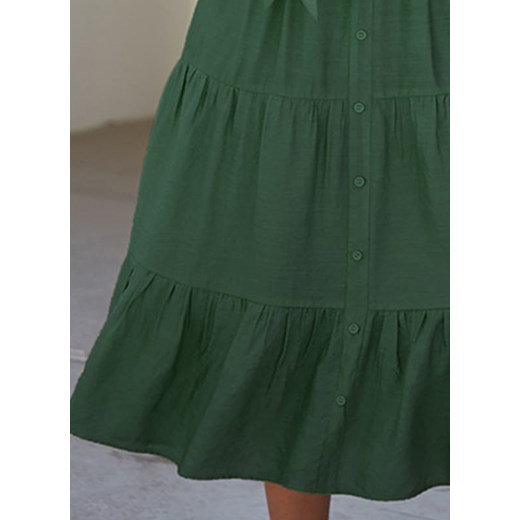 Krótki rękaw dekolt okrągły falbany wiązanie bez wzoru romantyczna midi za kolano lato zielony sukienka Cikelly (S) Cikelly XL Cikelly