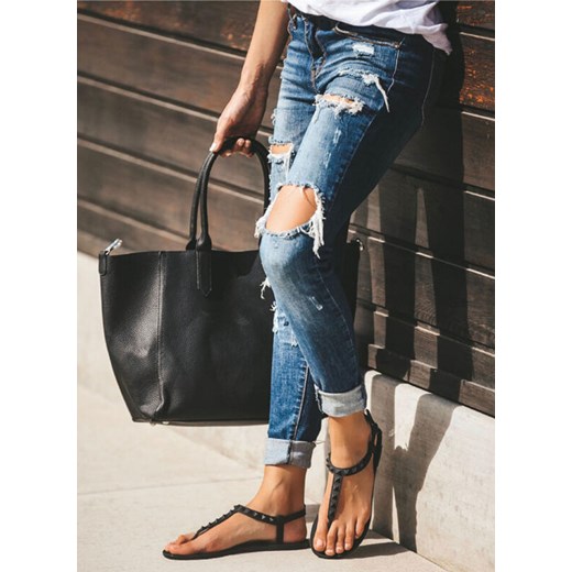 Długa nogawka obcisłe wysoki stan jednolite przetarcia bez wzoru typ boyfriend jeans casual niebieski spodnie Cikelly (S) Cikelly L Cikelly