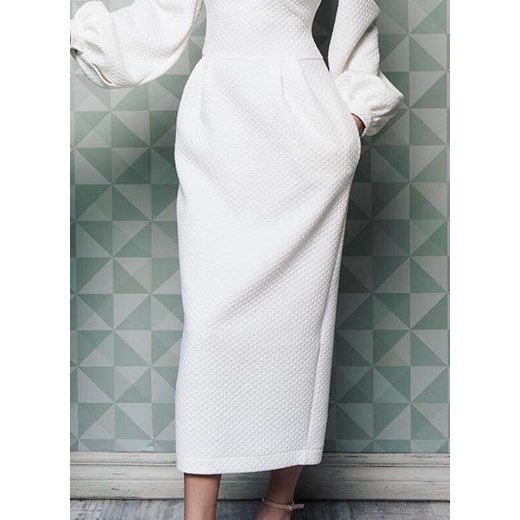 Maxi za kolano długi rękaw dekolt prosty jednolita bufki elegancka marszczenie suknia biały sukienka Cikelly (S) Cikelly XL Cikelly