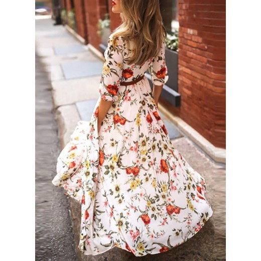Marszczona sukienka maxi z nadrukiem kwiatowym i pół rękawa biały Cikelly (S) Cikelly XL Cikelly