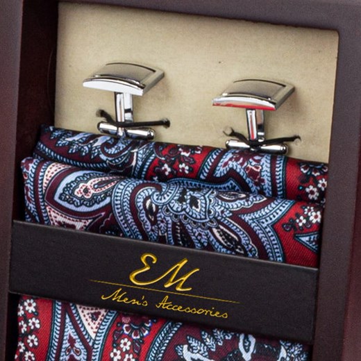 Zestaw ślubny dla mężczyzny w kolorze czerwonym: krawat + poszetka + spinki zapakowane w pudełko EM 26 Em okazyjna cena EM Men's Accessories