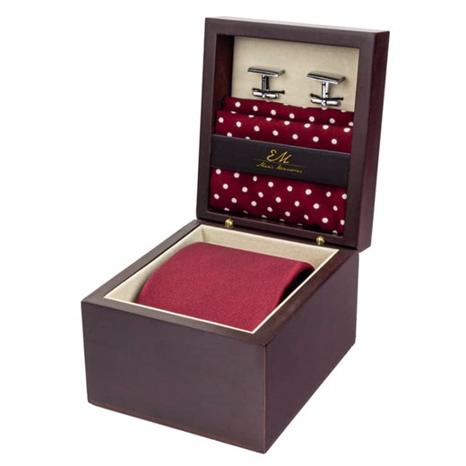 Zestaw ślubny dla mężczyzny klasyczny w kolorze bordowym: krawat + poszetka + spinki zapakowane w pudełko EM 27 Em okazja EM Men's Accessories